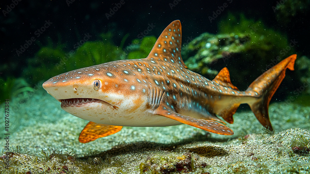 Fototapeta premium A close-up of a spotted shark swimming underwater.