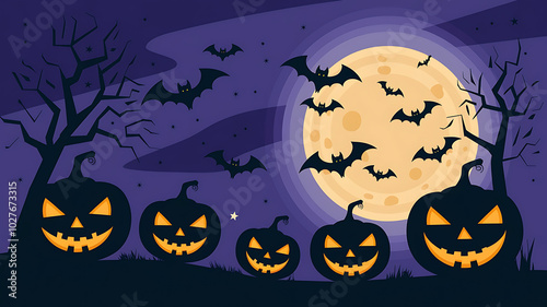 Spooky Halloween pumpkins and bats against a full moon, perfect for festive designs. 
