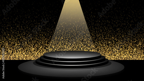 Black podium with gold glitter background, spotlight, elegant, award ceremony, success. 
