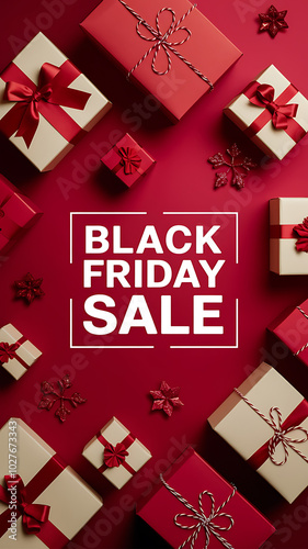 Red and beige gifts on red background Black Friday sale concept 
