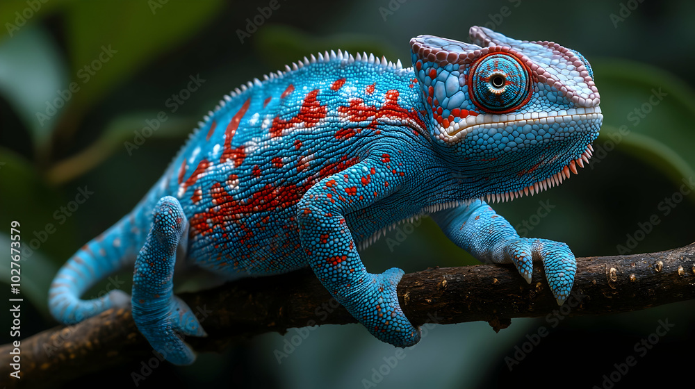 Fototapeta premium Vibrant Blue Chameleon on Branch Realistic Image