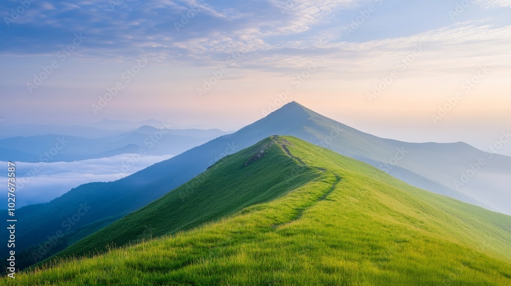 Naklejka premium Green mountain landscape with a clear sky
