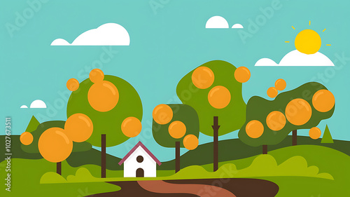 Orange trees green leaves and a small house in a sunny summer landscape. 
