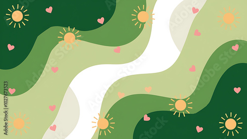 Abstract green and pink summer background with hearts and suns for social media and web design. 
