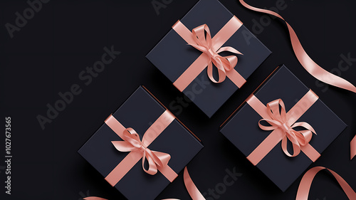 Black gift boxes with pink bows on black background, elegant luxury holiday concept. 
