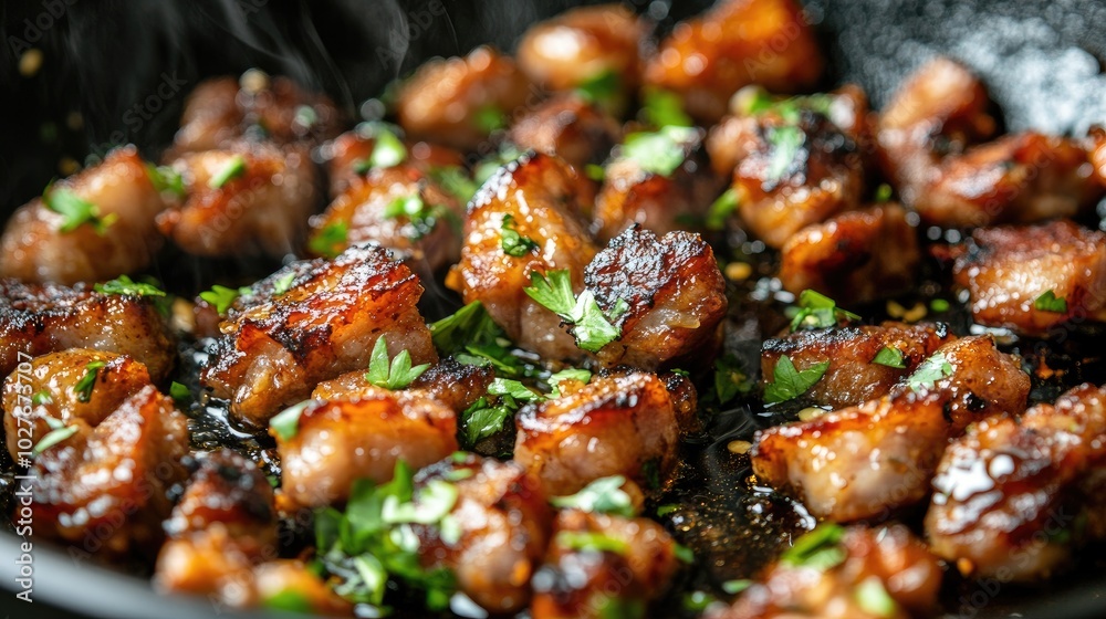 Sizzling Pork Chunks with Fresh Herbs in a Frying Pan Sizzling Pork Chunks with Fresh Herbs in a Frying Pan