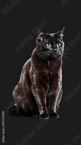 Black cat with yellow eyes on dark background, mysterious and elegant, perfect for Halloween or spooky designs. 
