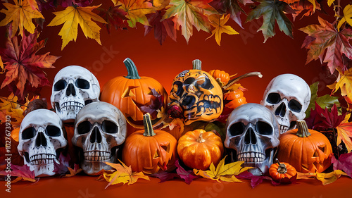White skulls and orange pumpkins with autumn leaves for Halloween decorations. 
