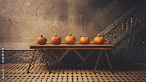 Orange pumpkins on a wooden table, rustic autumnal decor. 
