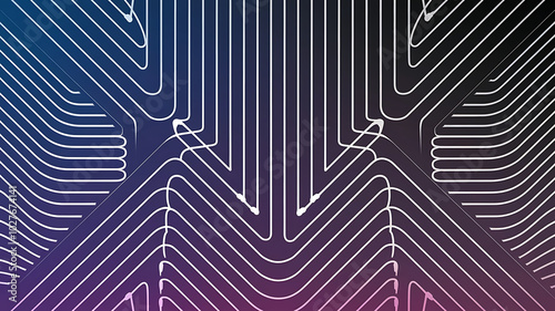 Abstract geometric lines in white on a dark blue and pink gradient background, futuristic and modern design. 
