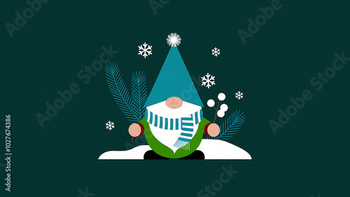 Cute Green and Blue Gnome in Winter Wonderland for Holiday Greeting Cards and Social Media. 
