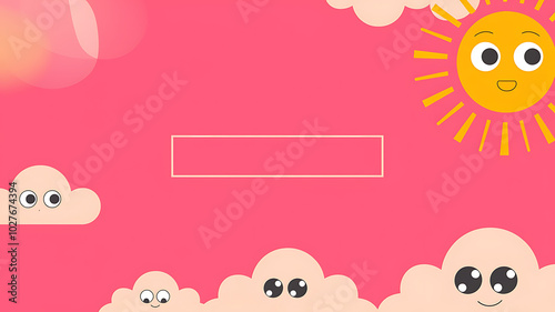 Smiling clouds and a yellow sun on a pink background, perfect for a cheerful summer design. 
