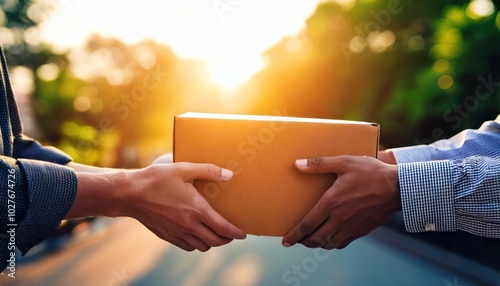 Hands of customer receiving a cardboard boxes parcel from delivery man in the morning, 