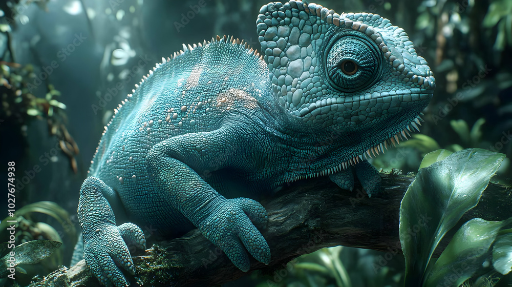 Fototapeta premium Blue Chameleon on Branch, Realistic 3D Illustration
