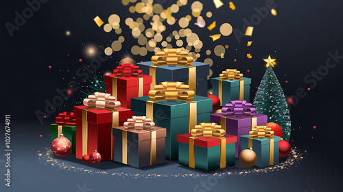 Colorful Christmas presents and a festive tree on a dark background.