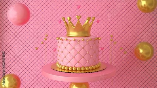 Pink and gold birthday cake with a crown, perfect for a princess party. 
