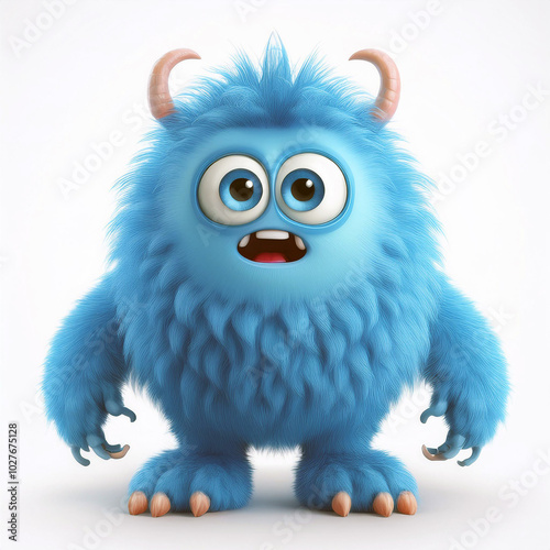 Cute blue furry monster with big eyes, horns and claws. Adorable cartoon character design for kids.