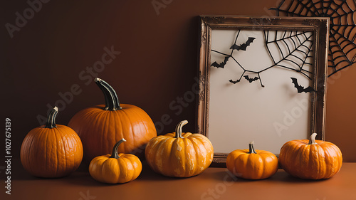 Orange pumpkins and a brown frame with a spider web and bats for a spooky Halloween celebration. 
