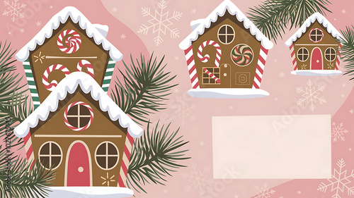 Gingerbread houses, red and brown, festive winter holiday design, perfect for Christmas cards and social media. 

