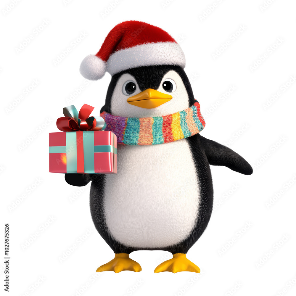 Fototapeta premium A cheerful penguin wearing a Santa hat and a colorful scarf, holding a gift box, perfect for festive celebrations, isolated on transparent background.