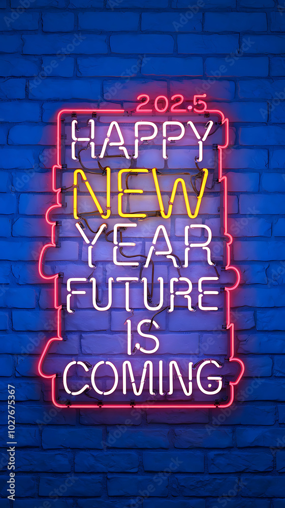 Obraz premium Neon sign on brick wall, yellow and pink, New Year's Eve, optimism and hope. 