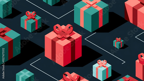 Red and green gift boxes with bows on a dark background, holiday shopping concept. 
