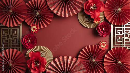 Red and gold Chinese New Year decorations, festive celebration, good fortune and prosperity. 

