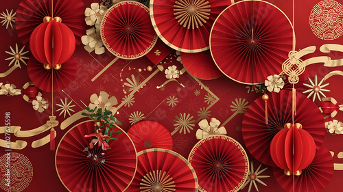 Red and gold Chinese New Year decorations, festive paper fans and lanterns, traditional celebration. 
