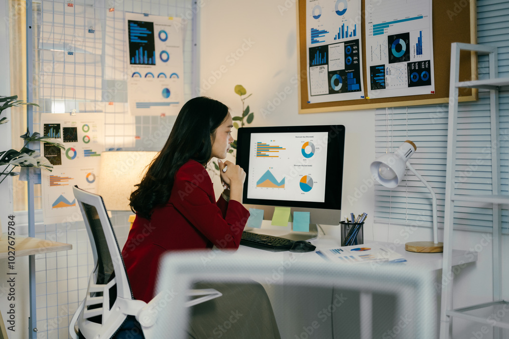 Businesswoman analyzing marketing data on computer screen while thinking about new business project plan in modern office at night Businesswoman analyzing marketing data on computer screen while thinking about new business project plan in modern office at night