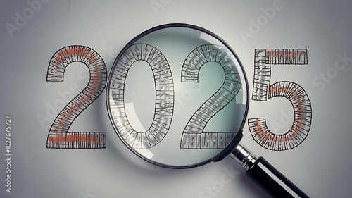 Magnifying glass over 2025, black and orange, new year concept, looking forward to the future. 
