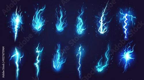 Blue electric lightning bolts, magic effect set. Collection of electric sparks, mystical power energy vector illustration