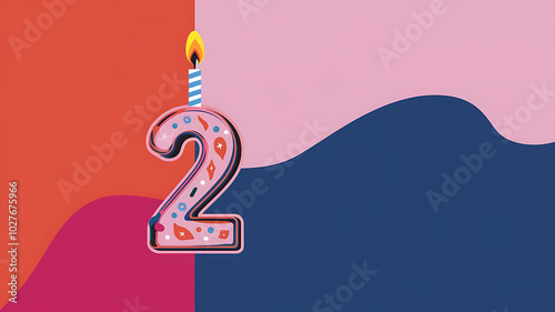 Pink and blue birthday cake number two with a candle, perfect for second birthday celebrations. 
