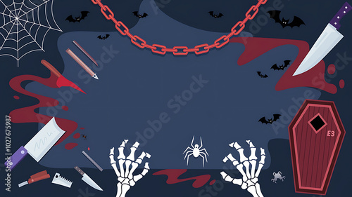Spooky Halloween background with red blood and white skeletons on dark blue for scary designs. 
