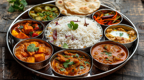 A colorful Indian thali with various dishes like dal, curry, rice, naan bread, and pickles, all neatly placed in individual metal bowls on a round tray.