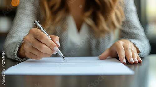 businesswoman’s hand points decisively at a document, symbolizing focus and determination. Her attention to detail emphasizes professionalism and the drive for success in the corporate world photo