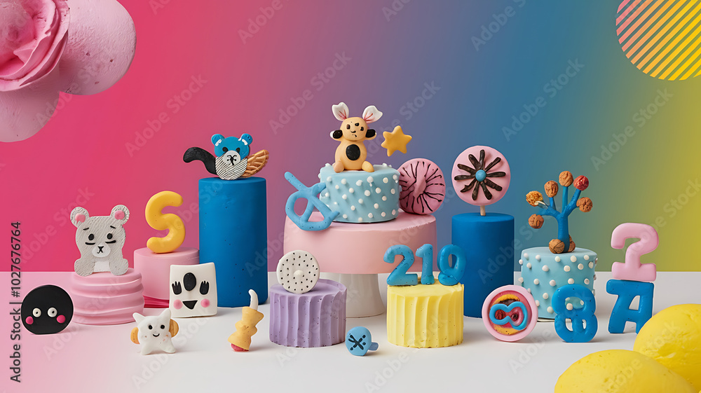 Obraz premium Colorful pastel cakes with animal decorations for a child's birthday party. 