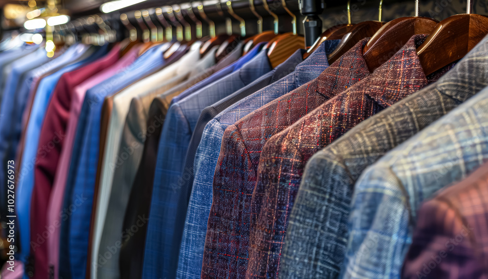 Display of various plaid and solid-colored jackets and coats hanging on a rack. The jackets come in different shades of blue, green, and red, and some have intricate patterns Display of various plaid and solid-colored jackets and coats hanging on a rack. The jackets come in different shades of blue, green, and red, and some have intricate patterns