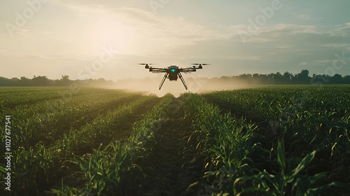Agricultural drone spraying crops over green field at sunset. Autonomous drones operate over a vast green agricultural field. Autonomous drones operate over green agricultural fields