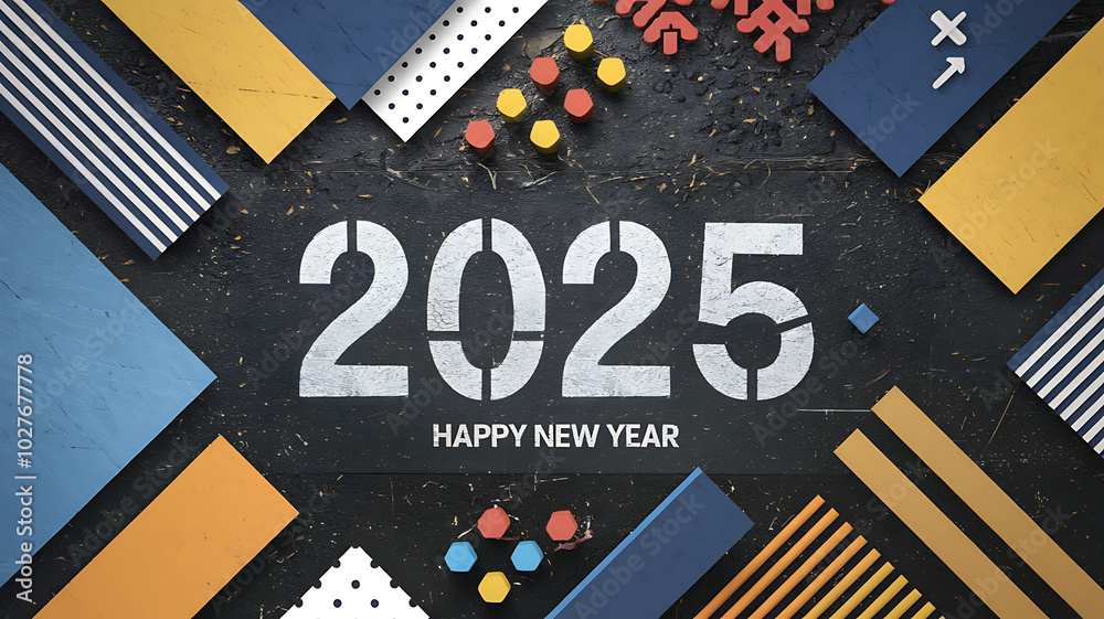 Obraz premium Geometric shapes and 2025 in white on black background, New Year greeting card, modern design.