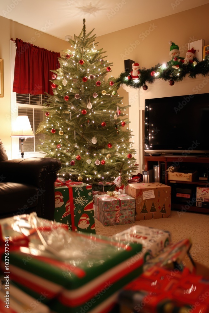 Obraz premium a living room with christmas tree and presents
