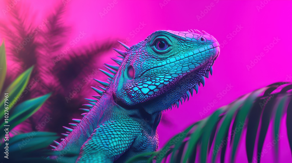 Obraz premium vibrant, futuristic illustration of bioluminescent lizard surrounded by lush foliage, showcasing striking colors and intricate details. scene evokes sense of wonder and beauty in nature