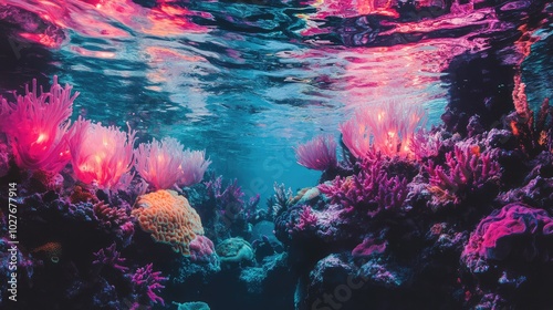 Neon-lit coral reef underwater, with glowing pink and teal lights reflecting off the vibrant sea life and ripples above