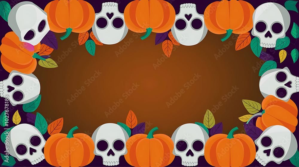 Obraz premium White Skulls and Orange Pumpkins on a Brown Background, Halloween Design, Spooky and Festive. 
