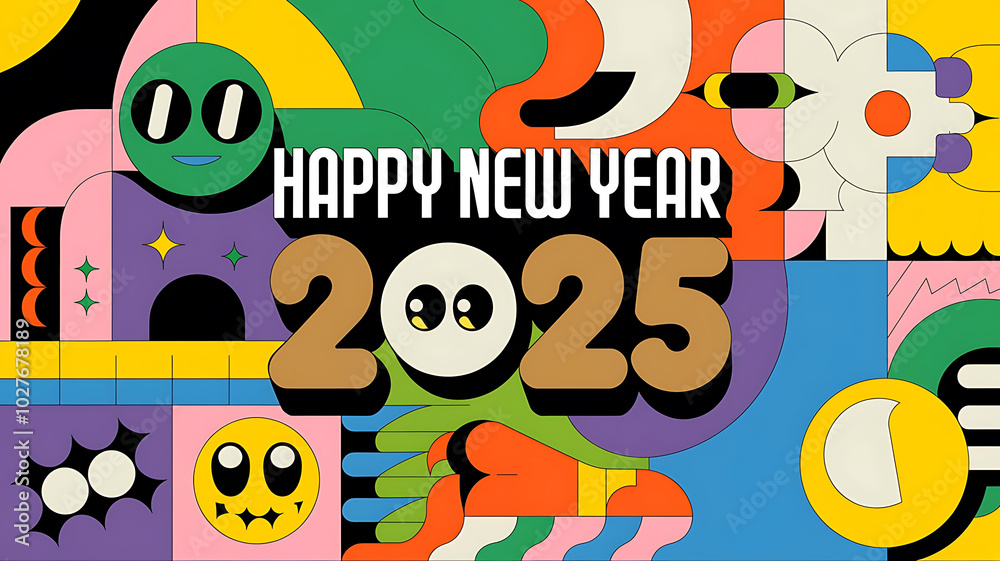 Fototapeta premium Happy New Year 2025 Retro Colorful Abstract Design 