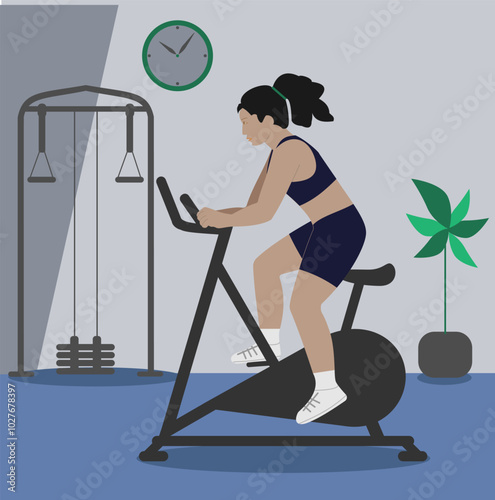 A woman on an exercise bike in a minimalist style