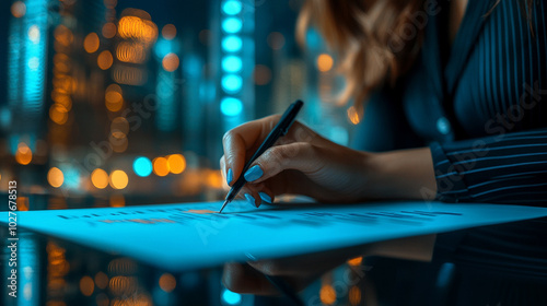 businesswoman’s hand points decisively at a document, symbolizing focus and determination. Her attention to detail emphasizes professionalism and the drive for success in the corporate world photo