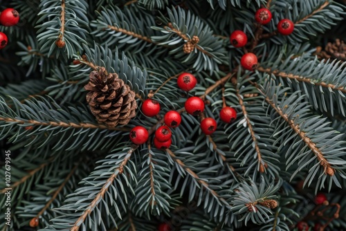 a close up of a christmas tree with red berries photo