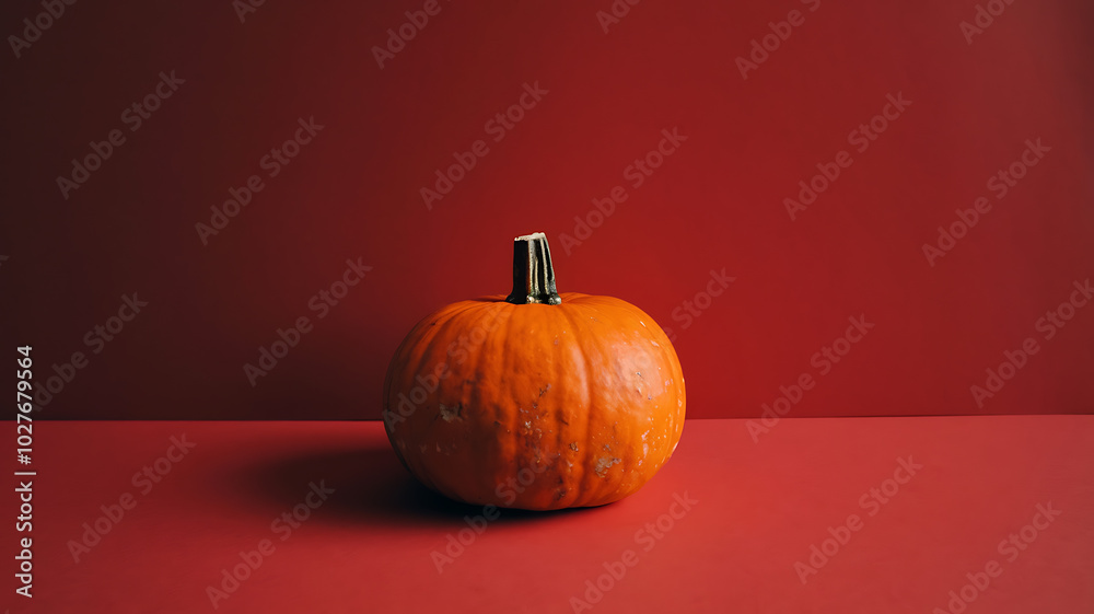 Autumn harvest single orange pumpkin red background minimalist fall still life.
Autumn harvest single orange pumpkin red background minimalist fall still life.