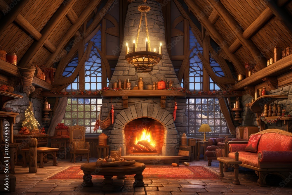 Obraz premium a room with a fireplace and a couch