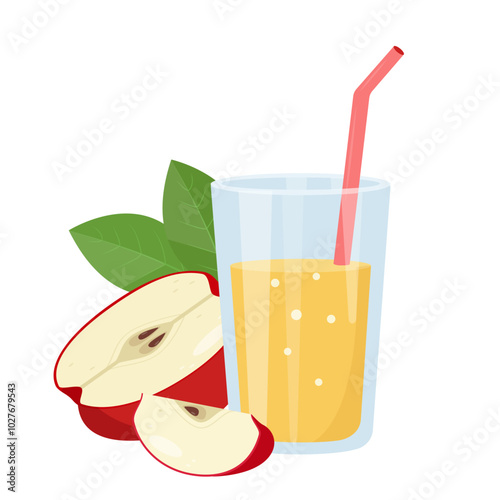 Fresh apple juice in glass. Juice and pieces of apple fruit. Detox fruit cocktail for healthy dieting. Vitamin C smoothie. Vector illustration isolated on white background.